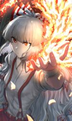 Rule 34 | 1girl, arm up, bow, closed mouth, collared shirt, dutch angle, eye reflection, fire, fujiwara no mokou, hair bow, harapan-kun, highres, hime cut, light particles, long hair, long sleeves, looking ahead, magic, open hand, pants, red pants, reflection, serious, shirt, sidelocks, sleeve garter, solo, suspenders, torn clothes, touhou, upper body, v-shaped eyebrows, very long hair, white bow, white hair, white shirt