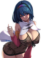 Rule 34 | blue hair, breasts, cape, cleavage, detached sleeves, hairband, heart, heart-shaped pupils, highres, large breasts, lingerie, multicolored hairband, nipples, rainbow order, see-through, short hair, solo, symbol-shaped pupils, tenkyuu chimata, textless version, thick thighs, thighs, touhou, underwear, yukito (dreamrider)