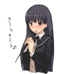 Rule 34 | 1girl, amagami, ayatsuji tsukasa, blush, long hair, lowres, megane chuu, microphone, music, musical note, open mouth, simple background, singing, solo, translation request, white background