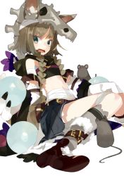 Rule 34 | 1girl, animal ears, animal skull, bandages, belt, boots, brown eyes, brown hair, claws, ears through headwear, fox ears, fox tail, hood, karei (hirameme), knees together feet apart, looking at viewer, midriff, mouse (animal), navel, open mouth, orb, original, short hair, sitting, skirt, solo, tail, white background