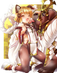 Rule 34 | 1girl, ;d, animal ears, blonde hair, blush, chi gura-ya, commentary request, detached sleeves, dog, dog ears, dog tail, erune, fang, gold trim, granblue fantasy, highres, kneehighs, one eye closed, open mouth, pantyhose, platform clogs, rope, shimenawa, short hair, smile, socks, solo, tail, tongue, tongue out, vajra (granblue fantasy), wide sleeves, yellow eyes