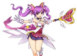 Rule 34 | 1girl, :d, aisha landar, back bow, bare legs, bow, breasts, cleavage, dimension witch (elsword), elsword, gloves, hair ornament, highres, holding, holding wand, leg up, long hair, magical girl, medium breasts, microskirt, official art, open mouth, outstretched arm, purple eyes, purple hair, purple skirt, ress, shiny skin, skirt, smile, solo, staff, star (symbol), transparent background, twintails, wand, white gloves