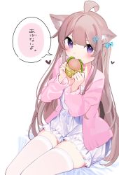 Rule 34 | 1girl, ahoge, animal ears, bed sheet, blue bow, blush, bow, brown hair, burger, cat day, cat ears, cat girl, cat tail, chikuwa., commentary request, eating, food, hair between eyes, hair bow, hair ornament, hairclip, heart, highres, holding, holding food, jacket, kemonomimi mode, long hair, long sleeves, looking at viewer, open clothes, open jacket, original, pink jacket, purple eyes, short shorts, shorts, sitting, solo, tail, translation request, two side up, very long hair, white background, white shorts, x hair ornament