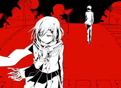 Rule 34 | 1boy, 1girl, aaniko, alternate color, arm at side, bird, closed mouth, crosswalk, empty eyes, enpera, facing away, floating scarf, flying, fringe trim, from behind, full body, greyscale with colored background, hair between eyes, hair ornament, hairclip, high contrast, kagerou project, kisaragi shintarou, long sleeves, looking away, mekakucity actors, neckerchief, outdoors, pants, partially colored, pleated skirt, power lines, red theme, road, road sign, scarf, school uniform, serafuku, shoes, short hair, sign, skirt, solo focus, standing, tateyama ayano, utility pole, walking away