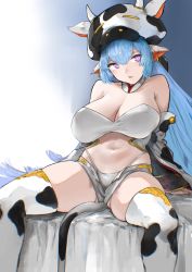 Rule 34 | 1girl, absurdres, animal ears, animal print, blue hair, breasts, catura (granblue fantasy), cleavage, cow ears, cow hood, cow print, draph, earrings, granblue fantasy, highres, jewelry, large breasts, long hair, looking to the side, navel, panties, procreate (medium), purple eyes, rowkiba, shorts, sitting, solo, thighhighs, underwear, white panties, white shorts, white thighhighs