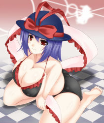 Rule 34 | 1girl, barefoot, bikini, blue eyes, breast hold, breasts, checkered floor, circussion, collarbone, feet, female focus, hat, huge breasts, large breasts, legs, long legs, nagae iku, red eyes, shawl, sitting, solo, swimsuit, thighs, touhou, wariza