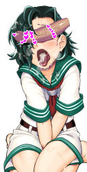 Rule 34 | 1boy, 1girl, belt, between legs, blush, brown belt, censored, collarbone, commentary request, covered eyes, cum, cum in mouth, cum on legs, cum on tongue, dark green hair, facial, green hair, hand between legs, heart, heart censor, hetero, kagehito, murasa minamitsu, open mouth, penis, penis on face, penis over eyes, red neckwear, sailor collar, sailor shirt, seiza, shirt, short hair, short shorts, short sleeves, shorts, simple background, sitting, thighs, tongue, tongue out, touhou, veins, veiny penis, white background, white shorts