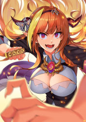 Rule 34 | 1girl, absurdres, ahoge, black jacket, blonde hair, blunt bangs, bow, braid, brass knuckles, breasts, brooch, brown hairband, character name, cleavage, cleavage cutout, clothing cutout, collared shirt, commentary, diagonal-striped bow, dragon girl, dragon horns, dragon tail, embers, english commentary, fangs, gem, hairband, highres, holding, holding weapon, hololive, horn bow, horn ornament, horns, incoming attack, incoming punch, jacket, jewelry, kiryu coco, kiryu coco (1st costume), large breasts, long hair, looking at viewer, lower teeth only, mk (lazymk), motion blur, multicolored eyes, multicolored hair, open mouth, orange hair, pointy ears, punching, purple eyes, red eyes, shirt, side braid, sidelocks, signature, skin fangs, slit pupils, solo, streaked hair, striped, striped bow, tail, teeth, upper body, virtual youtuber, weapon, white shirt, wide-eyed