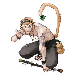 Rule 34 | 1boy, black eyes, black footwear, black pants, blonde hair, bracelet, highres, jewelry, leaf, looking at viewer, monkey boy, monkey tail, navel, necklace, original, pants, rinotuna, sandals, short hair, sideburns, simple background, solo, spiked bat, spiked bracelet, spikes, tail, tattoo, topless male, torn clothes, torn pants, white background