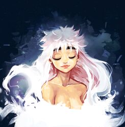Rule 34 | 1girl, alderion-al, bare shoulders, black background, breasts, cleavage, closed eyes, feathers, hunter x hunter, komugi (hunter x hunter), long hair, medium breasts, nude, smile, solo, thick eyebrows, upper body, white hair