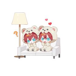 Rule 34 | 2boys, ?, amagi hiiro, amagi rinne, animal costume, bear costume, blue eyes, brothers, chibi, chibi only, couch, ensemble stars!, full body, hair between eyes, heart, lamp, looking at viewer, multiple boys, open mouth, red hair, sakuraihum, short hair, siblings, simple background, sitting, triangle mouth, white background