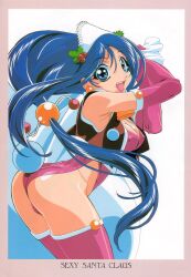 Rule 34 | 1girl, ass, bare shoulders, blue eyes, blue hair, border, breasts, carrying over shoulder, cleavage, covered erect nipples, cowboy shot, cropped jacket, earrings, elbow gloves, gloves, gotou keiji, headdress, highleg, highleg leotard, highres, holding, holding sack, jewelry, leotard, long hair, looking at viewer, medium breasts, open mouth, original, pink gloves, pink leotard, pink thighhighs, sack, santa costume, simple background, sleeveless, sleeveless jacket, solo, thighhighs, upper body, very long hair, white background