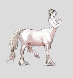 Rule 34 | 1boy, blonde hair, centaur, commentary request, facing away, full body, grey background, hand up, long hair, male focus, metamon1996, monster boy, original, ponytail, simple background, solo, standing, taur