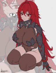 Rule 34 | 1girl, ?, ahoge, arm armor, armored leotard, artist name, bodystocking, boobplate, breastplate, breasts, brown thighhighs, cleavage, closed mouth, covered navel, goddess of victory: nikke, hair between eyes, hair intakes, large breasts, long hair, looking at viewer, nihilister (nikke), red hair, see-through, see-through cleavage, sitting, sivarkart, sketch, smile, solo, spoken question mark, thighhighs, torn bodystocking, torn clothes, wavy hair, zoom layer