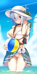 Rule 34 | 10s, 1girl, alternate costume, ass, ball, beachball, belt, between breasts, bikini, blue eyes, blue sky, blush, breasts, choker, cloud, collarbone, commentary request, day, frills, gluteal fold, green ribbon, grey hair, hair ornament, hair over one eye, hairclip, hamakaze (kancolle), hat, kantai collection, large breasts, looking at viewer, machinery, outdoors, partially submerged, ribbon, sarong, short hair, sky, smile, smoke trail, solo, sukebewe, sun hat, swimsuit, thigh gap, thighs, wading, water, white hat