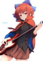 Rule 34 | 1girl, bass guitar, black shirt, blue bow, blush, bow, brown skirt, cape, closed mouth, cowboy shot, electric guitar, expressionless, from below, guitar, hair bow, half-closed eyes, high collar, instrument, long sleeves, looking at viewer, looking down, miniskirt, music, necktie, nnyara, playing instrument, pleated skirt, red cape, red eyes, red hair, red necktie, sekibanki, shirt, short hair, simple background, skirt, solo, standing, thighs, touhou, twitter username, white background