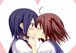 Rule 34 | 2girls, ahoge, blue eyes, blue hair, blush, brown hair, closed eyes, from side, hair bobbles, hair ornament, hand on another&#039;s face, hisae (hisae collect), kiss, multiple girls, original, school uniform, serafuku, short hair, twintails, upper body, yuri
