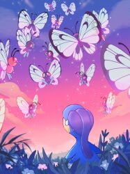 Rule 34 | absurdres, alternate color, animal focus, bagon, blue skin, bug, butterfly, butterfree, cloud, colored skin, commentary, creatures (company), flying, game freak, gen 1 pokemon, gen 3 pokemon, gradient sky, grass, highres, horizon, insect, multicolored sky, nintendo, no humans, pink sky, pokemon, pokemon (creature), purple sky, shiny pokemon, sky, symbol-only commentary, taplaos, wings