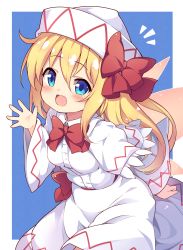 Rule 34 | 1girl, absurdres, baku-p, blonde hair, blue background, blue eyes, blush, bow, breasts, capelet, dress, fairy wings, hair between eyes, hair bow, hat, highres, lily white, long hair, long sleeves, looking at viewer, medium breasts, open mouth, smile, solo, touhou, white background, white capelet, white dress, white hat, wings