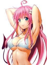 Rule 34 | 1girl, aqua eyes, armpits, arms behind head, arms up, bikini, blush, breasts, cleavage, covered erect nipples, highres, lala satalin deviluke, large breasts, long hair, looking at viewer, navel, pink hair, smile, solo, swimsuit, tail, to love-ru, upper body