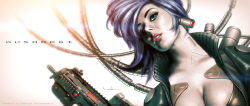 Rule 34 | 1girl, aqua eyes, artist name, backlighting, black jacket, blue eyes, breasts, cable, character name, cleavage, collarbone, colored skin, cropped torso, cyberpunk, cyborg, dutch angle, eyelashes, ghost in the shell, gun, high collar, jacket, kusanagi motoko, light, lips, looking away, looking up, machinery, medium breasts, open clothes, open jacket, pale skin, parted lips, purple hair, realistic, redesign, science fiction, shiny skin, short hair, signature, subdermal port, submachine gun, upper body, valzonline, watermark, weapon, white skin