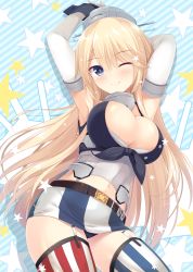 Rule 34 | 10s, 1girl, ;), armpits, arms up, asymmetrical legwear, bare shoulders, belt, belt buckle, blonde hair, blue eyes, blush, breasts, buckle, cleavage, elbow gloves, fingerless gloves, front-tie top, garter straps, gloves, headgear, highres, iowa (kancolle), kantai collection, large breasts, long hair, looking at viewer, miniskirt, mismatched legwear, navel, one eye closed, panties, pantyshot, skirt, smile, solo, star-shaped pupils, star (symbol), striped clothes, striped skirt, striped thighhighs, symbol-shaped pupils, thighhighs, tomoo (tomo), underwear, vertical-striped clothes, vertical-striped skirt, vertical-striped thighhighs