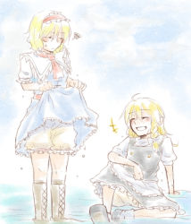 Rule 34 | 2girls, alice margatroid, angry, bad id, bad pixiv id, blonde hair, bloomers, blush, boots, bow, braid, clothes lift, dress, dress lift, closed eyes, female focus, fuji tsugu, grin, hair bow, hairband, kirisame marisa, multiple girls, partially submerged, short hair, sitting, smile, squiggle, touhou, underwear, water, wet