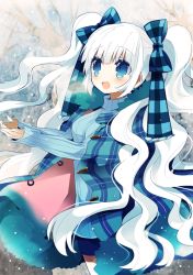 Rule 34 | 1girl, bad id, bad pixiv id, blue eyes, blush, hair ribbon, long hair, open mouth, original, ribbon, shichi, solo, sweater, twintails, white hair