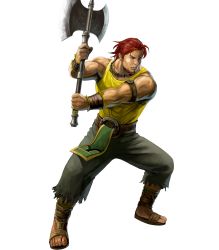 Rule 34 | 1boy, armband, axe, bare arms, beard, belt, brown eyes, collarbone, dorcas (fire emblem), facial hair, fire emblem, fire emblem: the blazing blade, fire emblem heroes, full body, green pants, highres, holding, holding axe, holding weapon, lips, male focus, manly, muscular, nintendo, nose, official art, pants, realistic, red hair, sandals, serious, shirt, short hair, soeda ippei, solo, tank top, toenails, toes, tomahawk, transparent background, weapon, wristband, yellow shirt