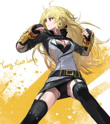 Rule 34 | 1girl, ahoge, belt, black panties, black thighhighs, blonde hair, breasts, character name, cleavage, clenched hands, english text, fighting stance, garter straps, gauntlets, jewelry, long hair, medium breasts, modare, necklace, panties, pantyshot, pendant, purple eyes, rwby, skirt, smile, solo, thighhighs, underwear, upskirt, yang xiao long