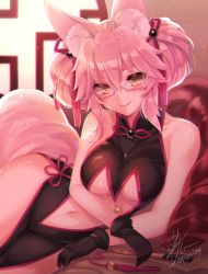 Rule 34 | 1girl, animal ear fluff, animal ears, backlighting, bare arms, bare shoulders, black gloves, blush, breasts, center opening, china dress, chinese clothes, closed mouth, collarbone, commentary request, double bun, dress, fate/grand order, fate (series), folded fan, folding fan, fox ears, fox tail, glasses, gloves, hair between eyes, hair bun, hair ornament, hand fan, head tilt, indoors, koyanskaya (chinese lostbelt outfit) (fate), koyanskaya (fate), looking at viewer, medium breasts, navel, pink hair, sanom, signature, sleeveless, smile, solo, tail, tamamo (fate), tassel, thighs, twitter username, underboob, white-framed eyewear, window, yellow eyes