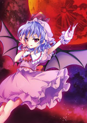 Rule 34 | 1girl, ascot, bat wings, blood, blood on face, blue hair, bow, enjoy mix, hat, hat bow, licking, licking hand, moon, night, night sky, red eyes, red moon, remilia scarlet, sky, solo, touhou, wings