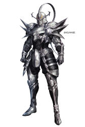Rule 34 | 1boy, armor, black bodysuit, bodysuit, breastplate, clenched hands, commentary request, dragon quest, dragon quest dai no daibouken, full armor, full body, gauntlets, greaves, helm, helmet, hyunkel, k-suwabe, looking at viewer, male focus, shoulder armor, shoulder spikes, simple background, solo, spikes, standing, twitter username, white background
