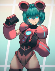 Rule 34 | 1girl, animal ears, armor, bandaid, bandaid on face, bandaid on nose, blue eyes, clenched hands, closed mouth, eyes visible through hair, fake animal ears, glowing, glowing eyes, green hair, hair between eyes, hair ornament, hairclip, highres, mecha musume, mechanical ears, medium hair, original, pauldrons, shoulder armor, skindentation, smile, solo, thighhighs, vodoke