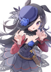 Rule 34 | 1girl, absurdres, animal ears, bare shoulders, black hair, blue flower, blue rose, collarbone, commentary request, cowboy shot, dagger, dress, flower, fur collar, hair over one eye, hands up, hat, hat flower, highres, horse ears, horse girl, knife, long hair, long sleeves, looking at viewer, miyu10366, off-shoulder dress, off shoulder, open mouth, purple dress, purple eyes, purple hat, red sleeves, rice shower (umamusume), rose, sheath, sheathed, simple background, solo, umamusume, weapon, white background