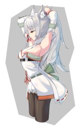 Rule 34 | 1girl, animal ear fluff, animal ears, armpits, breasts, cleavage, grey hair, hands up, highres, long hair, medium breasts, mio (xenoblade), ponytail, revvie, sideboob, solo, xenoblade chronicles (series), xenoblade chronicles 3, yellow eyes