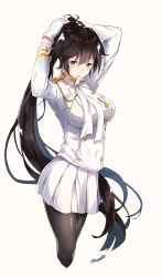 Rule 34 | 1girl, absurdres, adjusting hair, arms up, azur lane, black pantyhose, breasts, brown hair, coat, covered navel, cowboy shot, gloves, hair between eyes, hair flaps, highres, large breasts, long hair, long sleeves, looking at viewer, military, military uniform, miniskirt, mouth hold, pantyhose, pleated skirt, ponytail, signature, simple background, skirt, solo, takao (azur lane), uniform, white background, white gloves, white skirt, yellow eyes, yossui