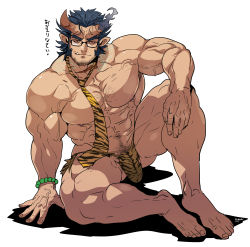 Rule 34 | 1boy, abs, absurdres, animal print, bara, beard, bulge, chest hair, demon boy, facial hair, fang, fiery horns, full body, highres, horns, large pectorals, long sideburns, looking at viewer, male focus, muscular, necktie, nipples, pectorals, pointy ears, rybiok, scar, sideburns, simple background, sitting, smile, solo, stubble, takemaru (housamo), tiger print, tokyo houkago summoners, topless male, torn clothes, underwear, underwear only, veins