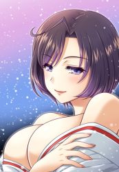 Rule 34 | 1girl, bare shoulders, black hair, blush, breasts, cleavage, japanese clothes, jinno sumire, kuroda akimi, large breasts, lips, lipstick, looking at viewer, makeup, mature female, miko, purple eyes, red lips, short hair, simple background, smile, solo, tsumamigui 3, upper body