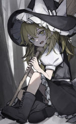 Rule 34 | 1girl, absurdres, black footwear, black hat, black skirt, black vest, blonde hair, boots, bow, braid, broom, buttons, cross-laced footwear, frilled hat, frilled skirt, frills, full body, hair between eyes, hat, hat bow, highres, hisha (kan moko), holding, holding broom, kirisame marisa, long hair, looking at viewer, open mouth, puffy short sleeves, puffy sleeves, short sleeves, skirt, solo, touhou, vest, witch hat, yellow eyes