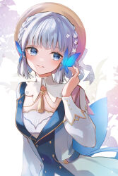 Rule 34 | 1girl, 7aka ne11, absurdres, ayaka (genshin impact), back bow, blue dress, blue hair, blunt bangs, bow, braid, butterfly hair ornament, dress, floral background, flower, genshin impact, hair flower, hair ornament, hair up, hand up, high collar, highres, kamisato ayaka, kamisato ayaka (springbloom missive), light blue hair, long sleeves, looking at viewer, mole, mole under eye, official alternate costume, parted lips, smile, solo, upper body, white background