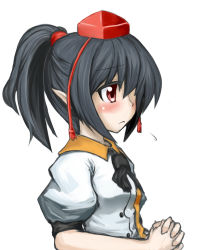 Rule 34 | 1girl, alternate hairstyle, black hair, blush, female focus, frown, hat, kasuka, looking away, one eye covered, own hands clasped, own hands together, pointy ears, ponytail, red eyes, shameimaru aya, shy, solo, tokin hat, touhou, white background