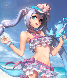 Rule 34 | 1girl, beach, bikini, bikini skirt, blue eyes, blue hair, bracelet, chaos online, cloud, cowboy shot, day, dutch angle, flat chest, frilled bikini, frills, gradient hair, jewelry, lens flare, long hair, looking at viewer, love cacao, matching hair/eyes, multicolored hair, navel, official art, open mouth, outdoors, silver hair, sky, smile, solo, swimsuit, transparent background, twintails, tyria (chaos online), very long hair, water, water gun