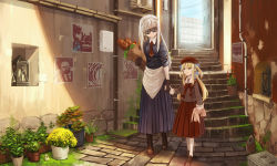 Rule 34 | 2girls, age difference, bag, beret, blonde hair, blue eyes, bread, commentary, food, gloves, goggles, holding hands, hat, highres, long hair, maid, maid cap, multiple girls, original, plant, potted plant, red eyes, scenery, shopping bag, stairs, stuffed toy, suzuke, twintails, two side up, white hair