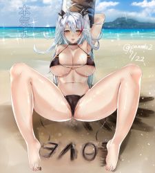 Rule 34 | 1girl, antenna hair, areola slip, arm up, armpits, azur lane, beach, bikini, black bikini, black choker, black ribbon, blush, breasts, choker, cleavage, collarbone, commentary request, dated, day, flag print, german flag bikini, hair between eyes, hair ribbon, half-closed eyes, heart, heart-shaped pupils, huge breasts, long hair, looking at viewer, mole, mole under mouth, multicolored hair, navel, open mouth, outdoors, paundo2, prinz eugen (azur lane), prinz eugen (unfading smile) (azur lane), red hair, ribbon, shadow, shiny skin, side-tie bikini bottom, silver hair, sitting, smile, solo, spread legs, streaked hair, swept bangs, swimsuit, symbol-shaped pupils, thick thighs, thighs, translation request, twitter username, two side up, untied bikini, very long hair, water