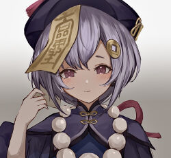 Rule 34 | 1girl, bead necklace, beads, blush, coin hair ornament, dress, earrings, genshin impact, grey background, hair ornament, hand up, hat, jewelry, jiangshi, long sleeves, looking at viewer, necklace, ofuda, ofuda on head, pale skin, parted lips, purple dress, purple eyes, purple hair, purple hat, qingdai guanmao, qiqi (genshin impact), solo, stud earrings, tassel, upper body, yue