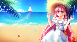 Rule 34 | 1girl, bad id, bad pixiv id, bare shoulders, beach, blue sky, blush, boat, breasts, brown hat, cleavage, closed mouth, cloud, collarbone, day, dress, flower, hands up, hat, horizon, long hair, mamel 27, medium breasts, off-shoulder dress, off shoulder, original, outdoors, pink hair, red eyes, red flower, sailboat, sand, seashell, shell, sitting, sky, smile, solo, straw hat, twitter username, very long hair, water, watercraft, white dress