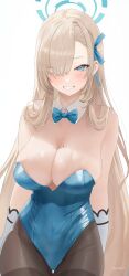 Rule 34 | 1girl, absurdres, aqua bow, aqua bowtie, aqua leotard, artist name, asuna (blue archive), asuna (bunny) (blue archive), asymmetrical bangs, bare shoulders, black pantyhose, blue archive, blush, bow, bowtie, breasts, cleavage, cowboy shot, detached collar, gloves, grin, hair over one eye, halo, highres, large breasts, leotard, light brown hair, long bangs, long hair, looking at viewer, lucenttea, mole, mole on breast, official alternate costume, pantyhose, playboy bunny, simple background, smile, solo, straight hair, strapless, strapless leotard, thigh gap, very long hair, white background, white gloves