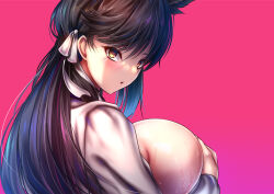 Rule 34 | 1girl, akeyama kitsune, atago (azur lane), atago (stunning speedster) (azur lane), azur lane, breasts, brown hair, covering breasts, covering privates, extra ears, from behind, hair ribbon, huge breasts, long hair, looking at viewer, looking back, mole, mole under eye, official alternate costume, pink background, race queen, ribbon, shrug (clothing), simple background, solo, white ribbon, yellow eyes