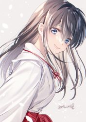 Rule 34 | 1girl, black hair, blue eyes, closed mouth, from side, grey background, hakama, highres, higurashi kagome, inuyasha, japanese clothes, long hair, long sleeves, looking at viewer, looking to the side, miko, motobi (mtb umk), red hakama, red ribbon, ribbon, simple background, smile, solo, twitter username, upper body